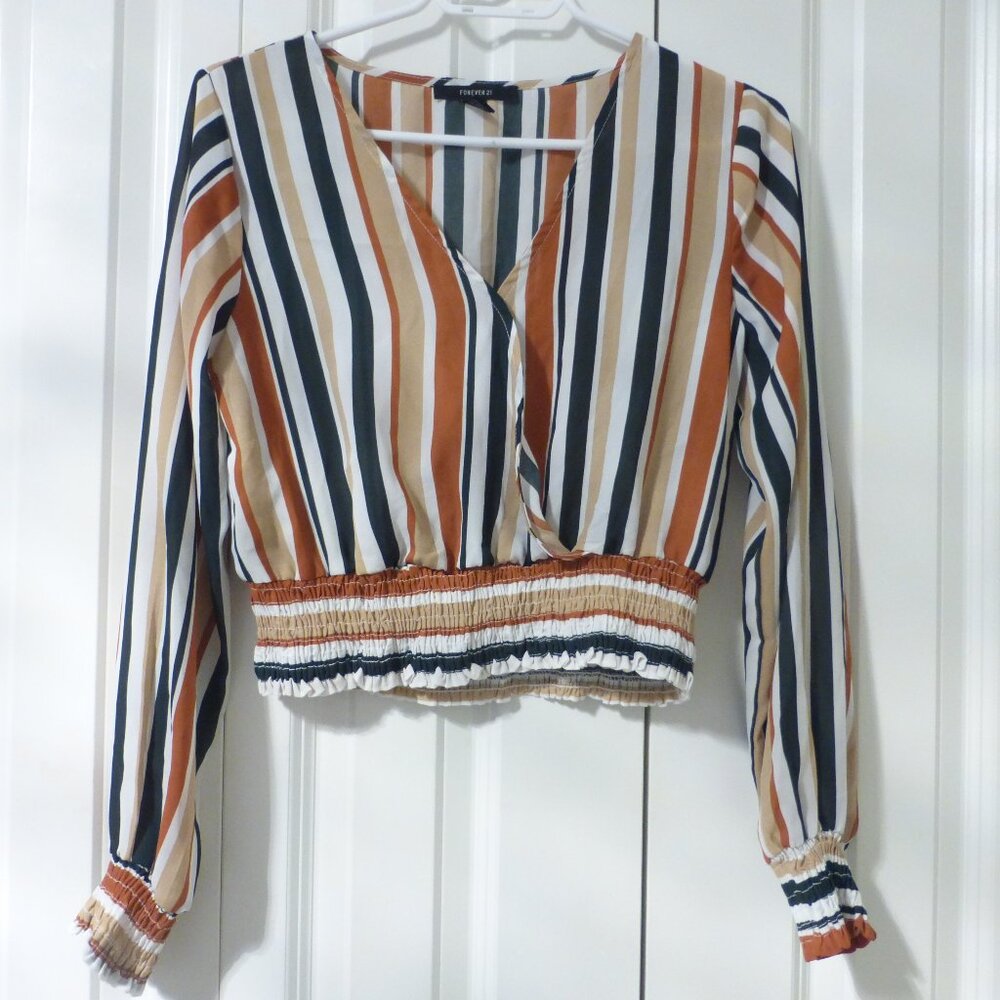 FOREVER 21 striped v-neck chiffon cropped long sleeve blouse